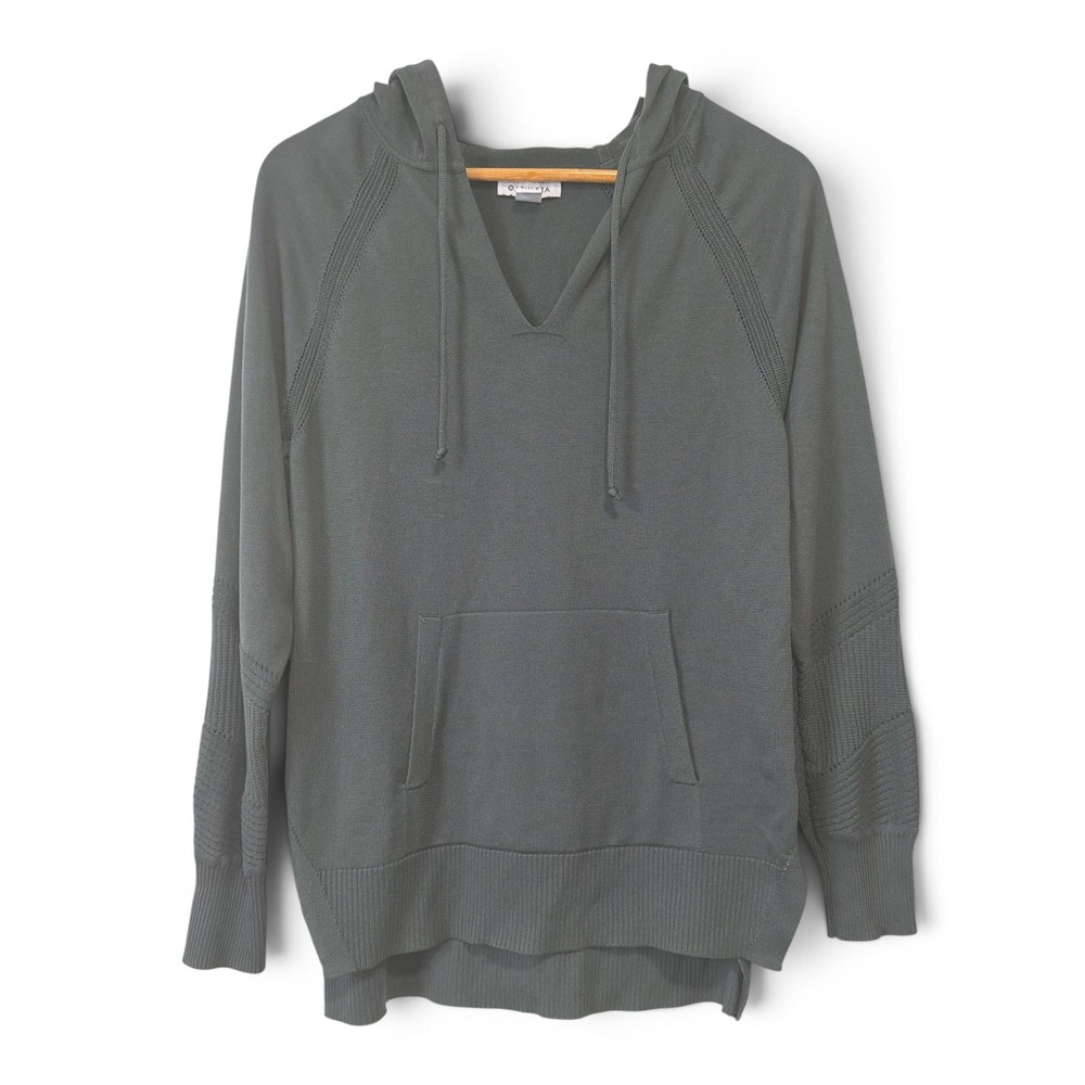Athleta Women Gray Green V-Neck Knit Pullover Hoodie Sweater Textured Sleeve L